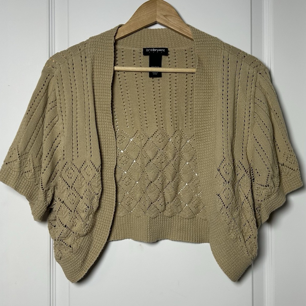 Lane Bryant Cotton Tan Pointelle Knit‎ Cropped Shrug Coastal Grandmother Style